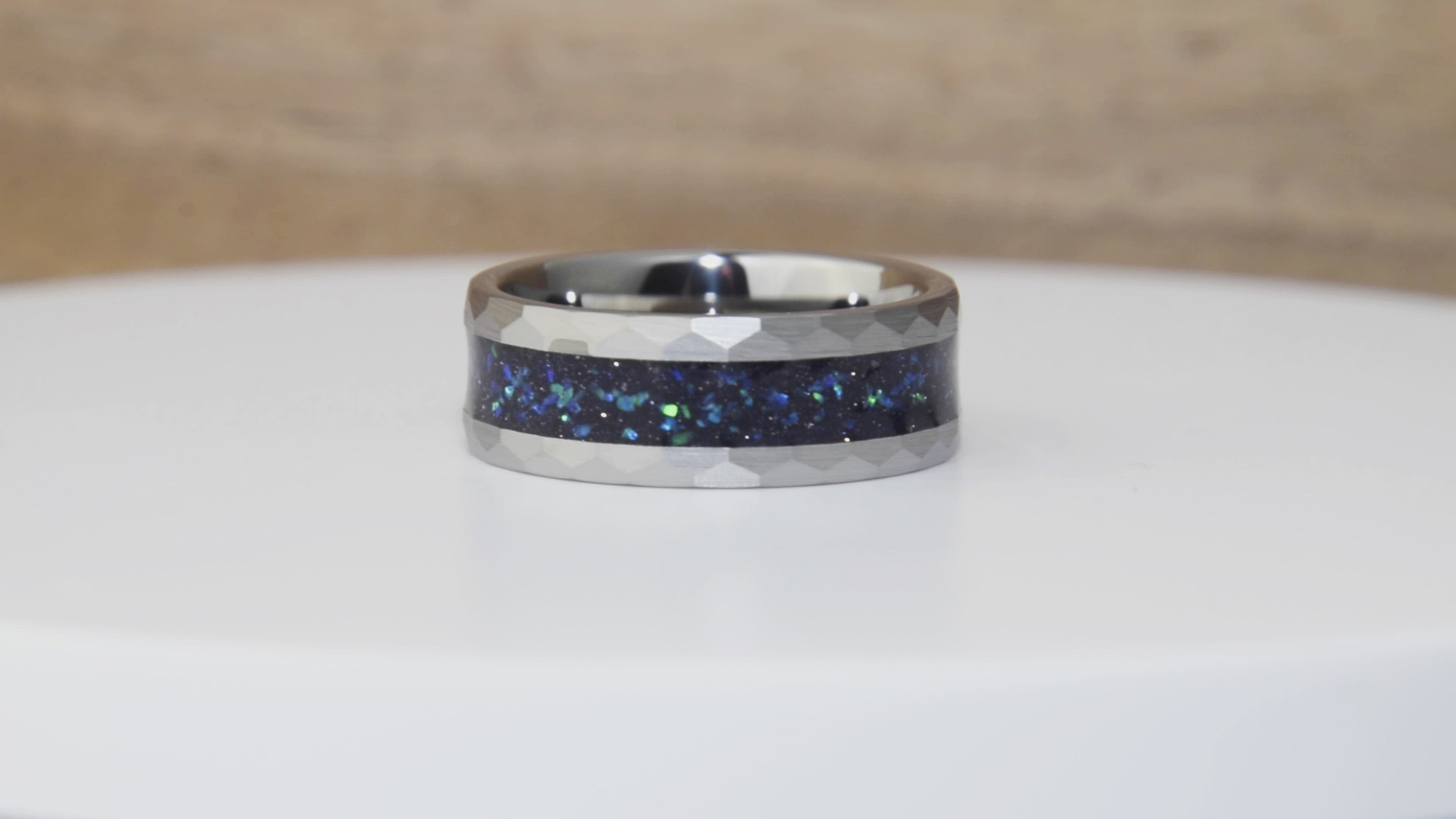 Hammered Tungsten Galaxy Opal And Blue Sandstone Ring